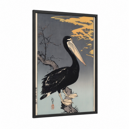Perched Pelican framed art print — black wood frame — gold and black and white palette