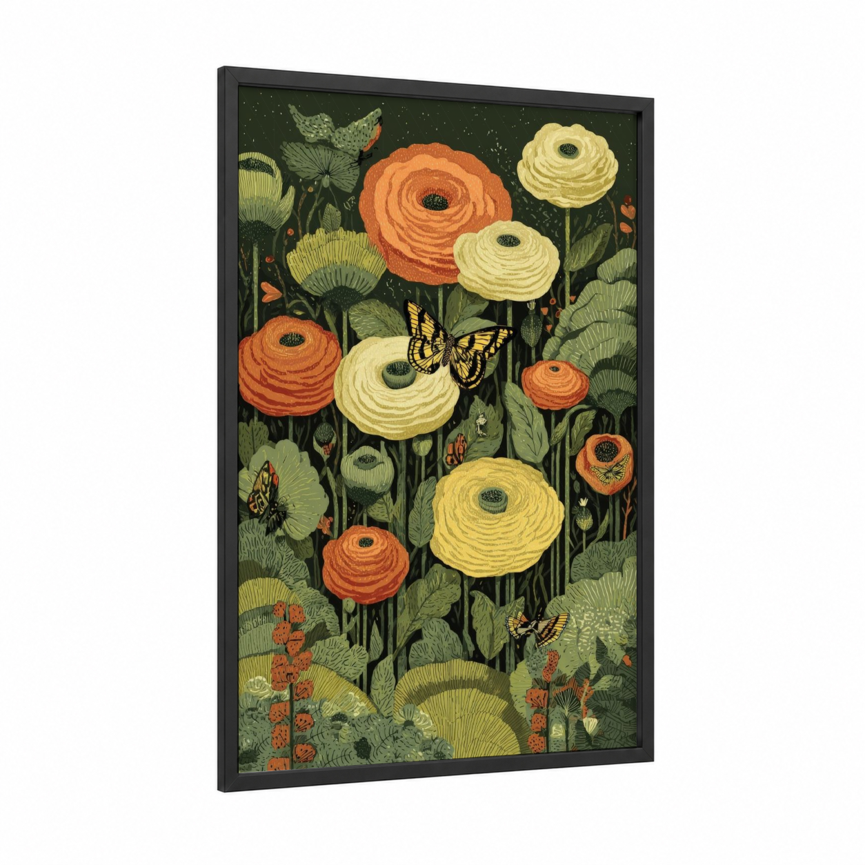 Ranunculus Garden framed art print — black wood frame — orange and green palette