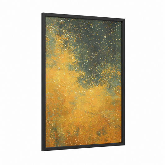 Golden Nebula framed art print — black wood frame — yellow gold and teal palette