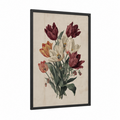 Vintage Tulip Medley framed art print — black wood frame — maroon and cream palette