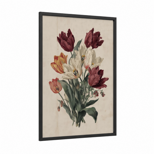 Vintage Tulip Medley framed art print — black wood frame — maroon and cream palette