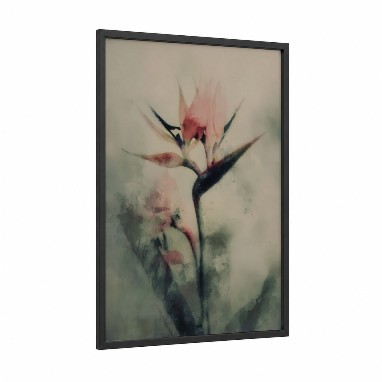 Crimson Bird of Paradise framed birds of paradise print — black wood frame — salmon pink and sage green palette