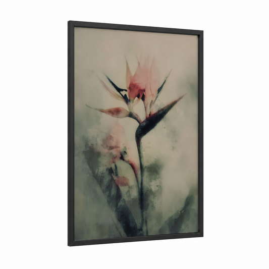 Crimson Bird of Paradise framed birds of paradise print — black wood frame — salmon pink and sage green palette
