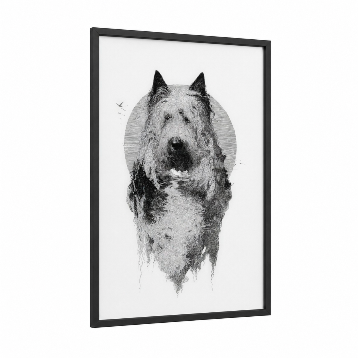 Wiry Terrier Portrait framed art print — black wood frame — black and white palette
