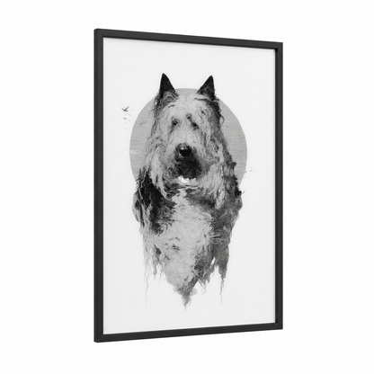 Wiry Terrier Portrait framed art print — black wood frame — black and white palette