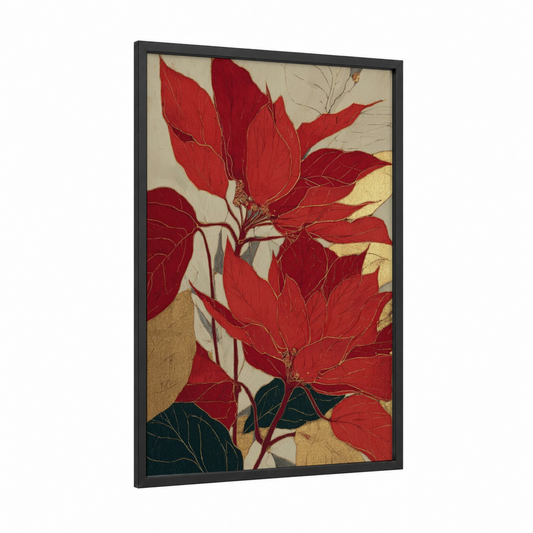 Crimson Poinsettias framed art print — black wood frame — red and gold palette
