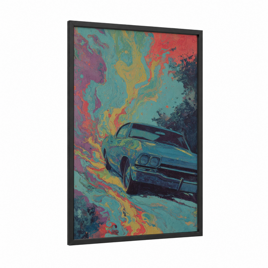 Classic Car Abstract framed art print — black wood frame — turquoise palette