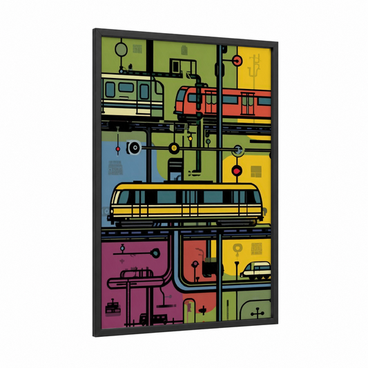 Urban Transit Network framed subway print — black wood frame — yellow gold and true green palette