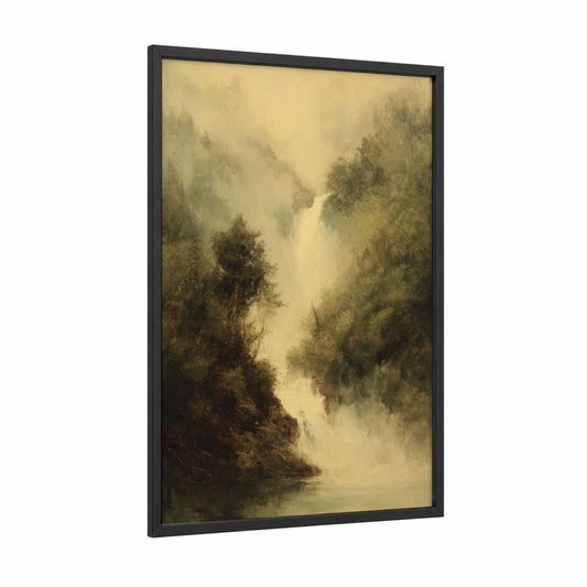 Misty River Valley framed art print — black wood frame — cream and sage green palette