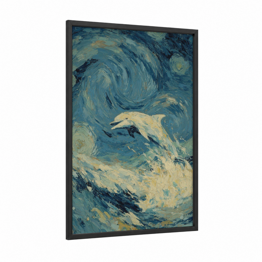 Starry Dolphins framed art print — black wood frame — blue and gold palette