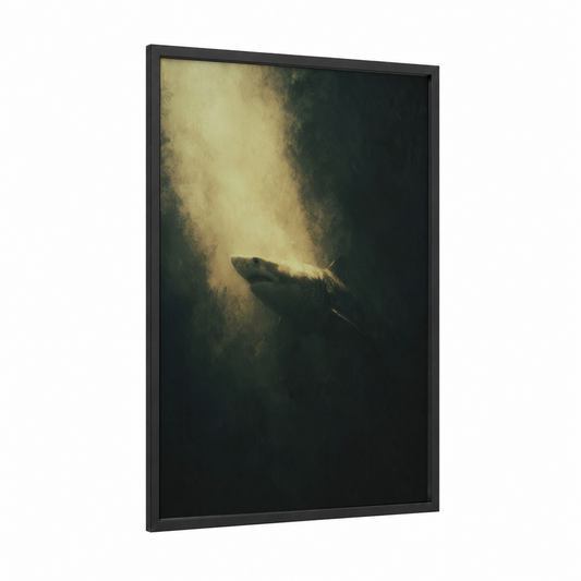 Sunlit Basking Shark framed art print — black wood frame — gold and black palette