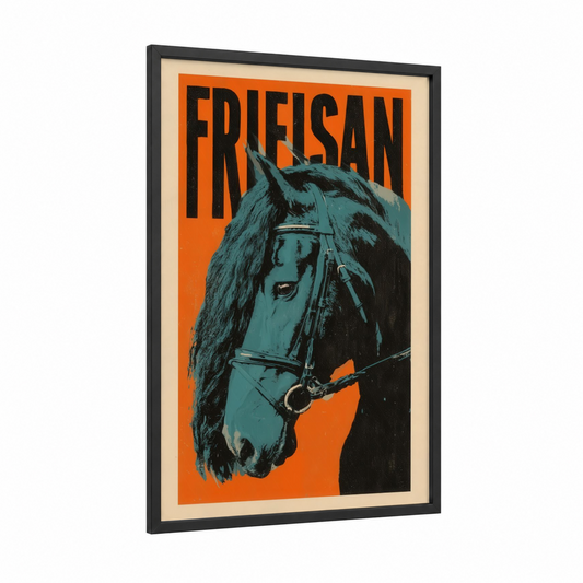 Friesian Portrait framed friesian horse print — black wood frame — orange and teal palette