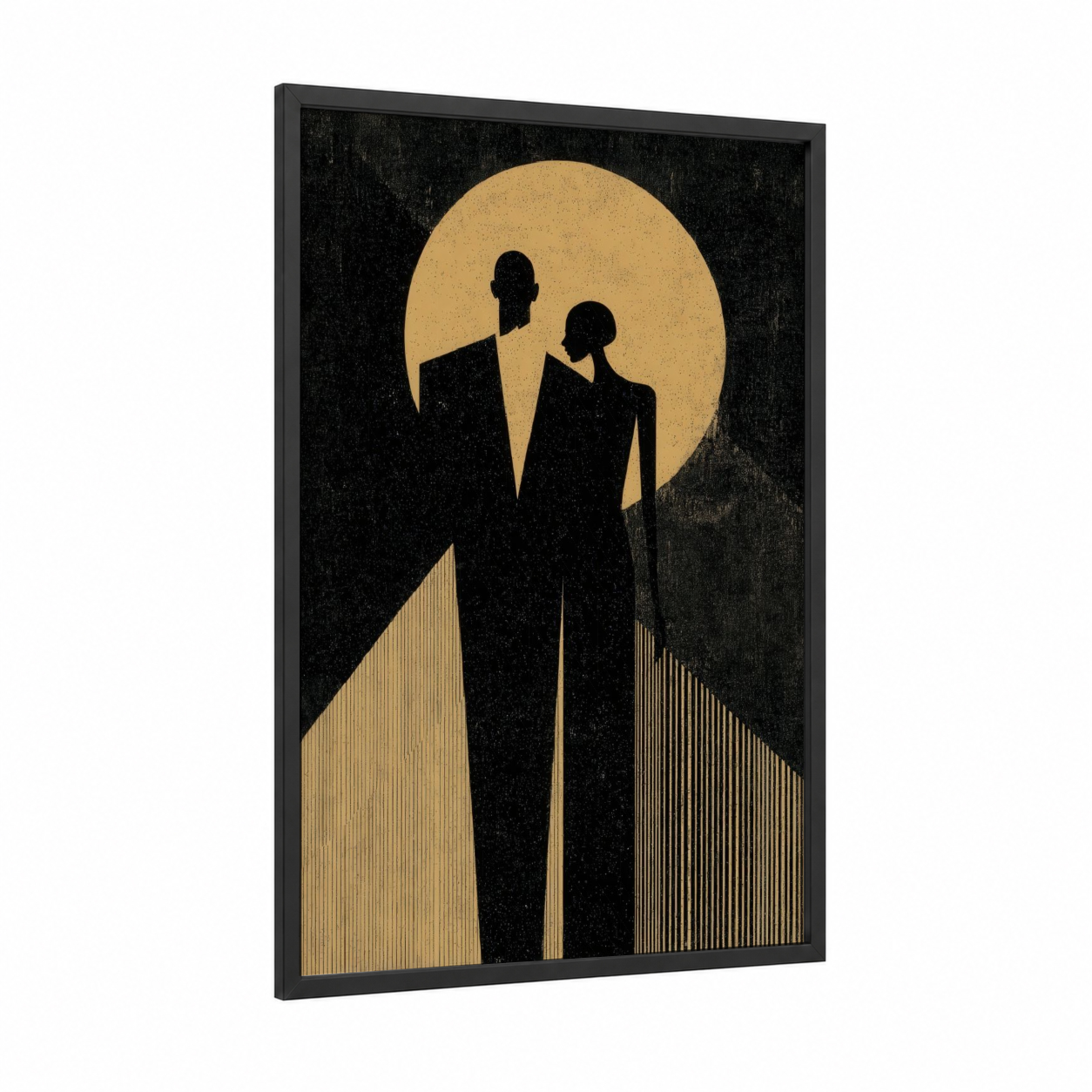 Moonlit Couple framed groom and bride print — black wood frame — black and gold and gold palette