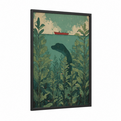 Loch Ness Mystery framed loch ness monster print — black wood frame — teal and beige palette