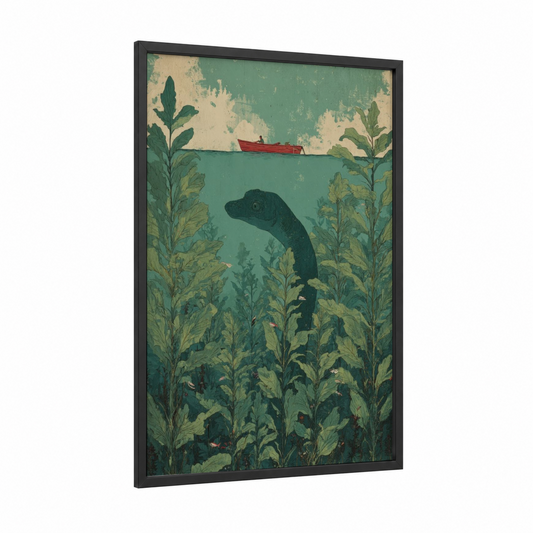 Loch Ness Mystery framed loch ness monster print — black wood frame — teal and beige palette