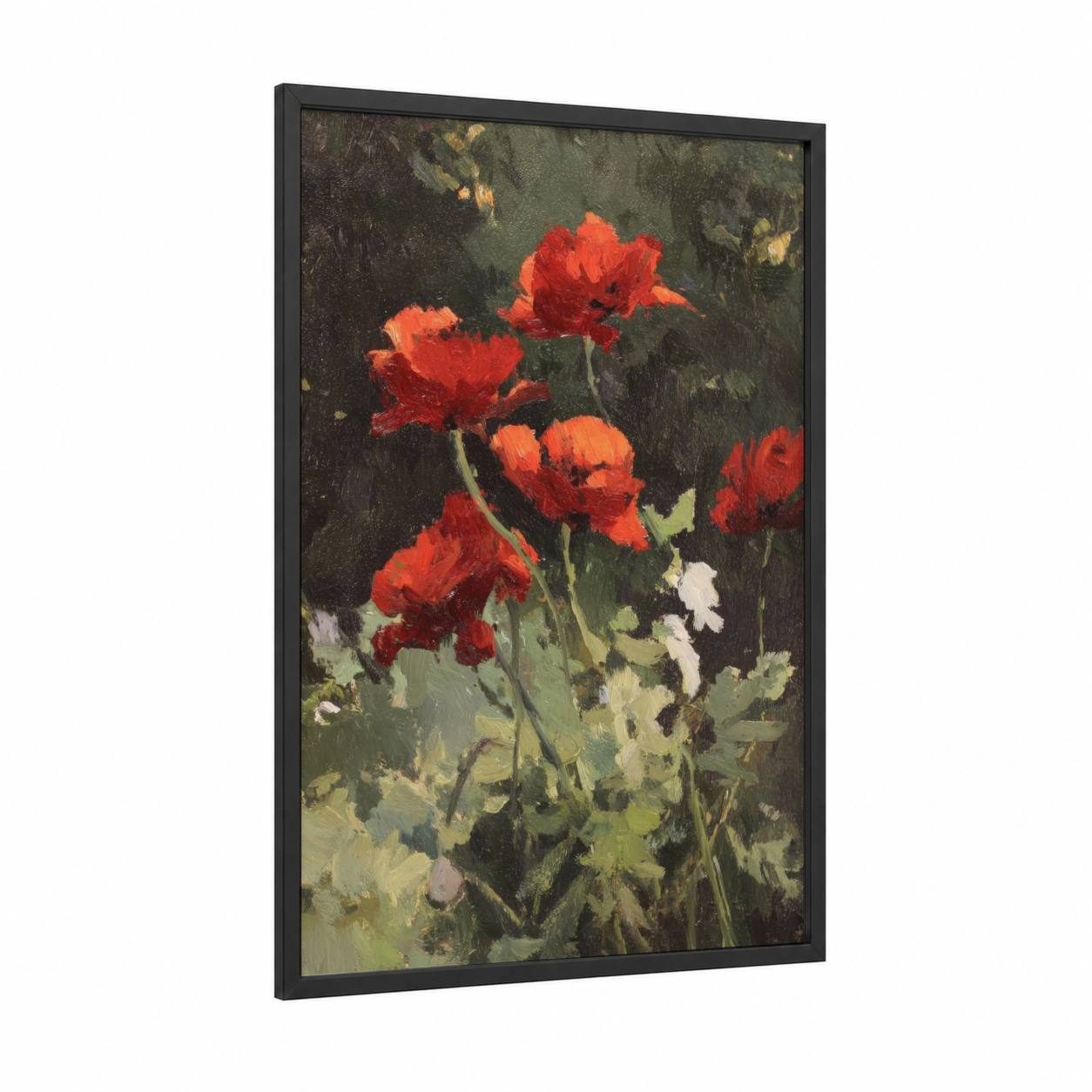 Crimson Poppies framed art print — black wood frame — red and dark green palette
