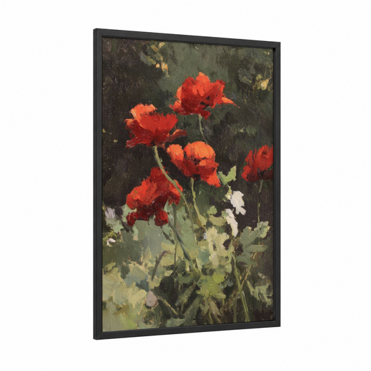 Crimson Poppies framed art print — black wood frame — red and dark green palette