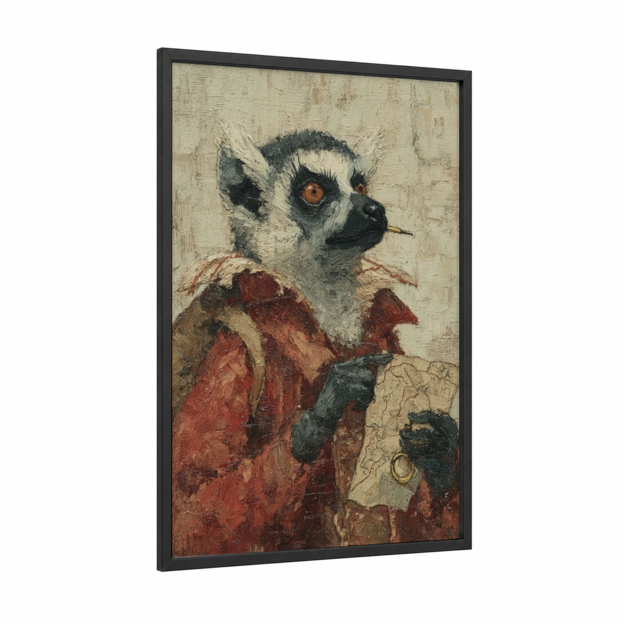 Scholarly Lemur framed art print — black wood frame — cream and russet palette