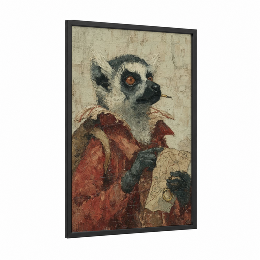 Scholarly Lemur framed art print — black wood frame — cream and russet palette