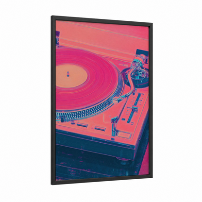 Neon Turntable framed vinyl records print — black wood frame — magenta and royal blue palette