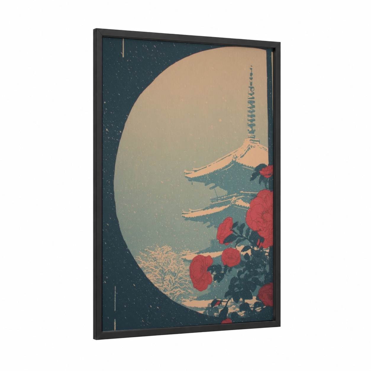 Moonlit Temple Window framed art print — black wood frame — teal and cream palette