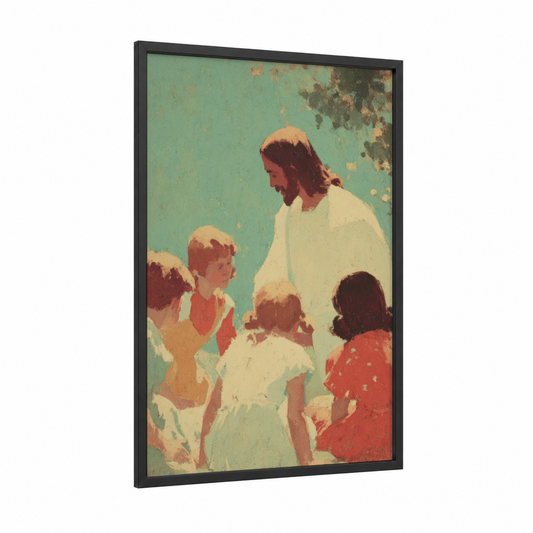 Christ With Children framed jesus christ print — black wood frame — teal and cream palette