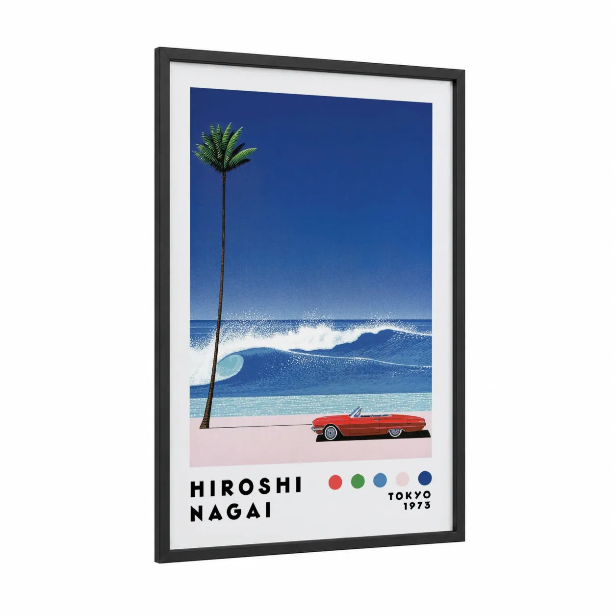 Vintage Coastal Palm Tree Wall Art framed art print — black wood frame — blue and royal blue palette