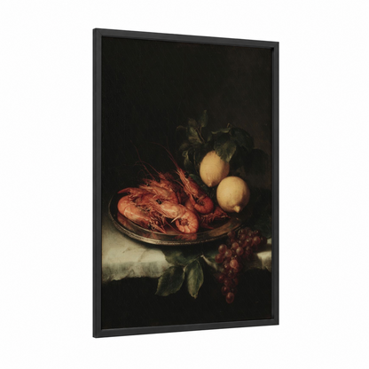 Golden Harvest Still Life framed shrimp print — black wood frame — gold and maroon palette