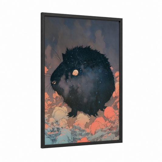 Cosmic Guinea Pig framed art print — black wood frame — black and peach palette