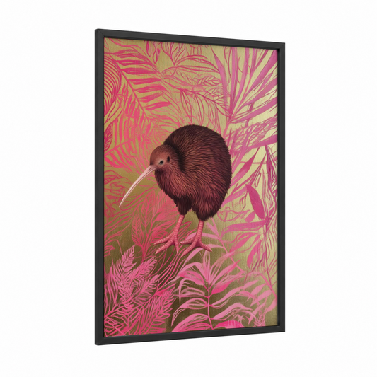 Tropical Kiwi framed art print — black wood frame — magenta and lime green palette