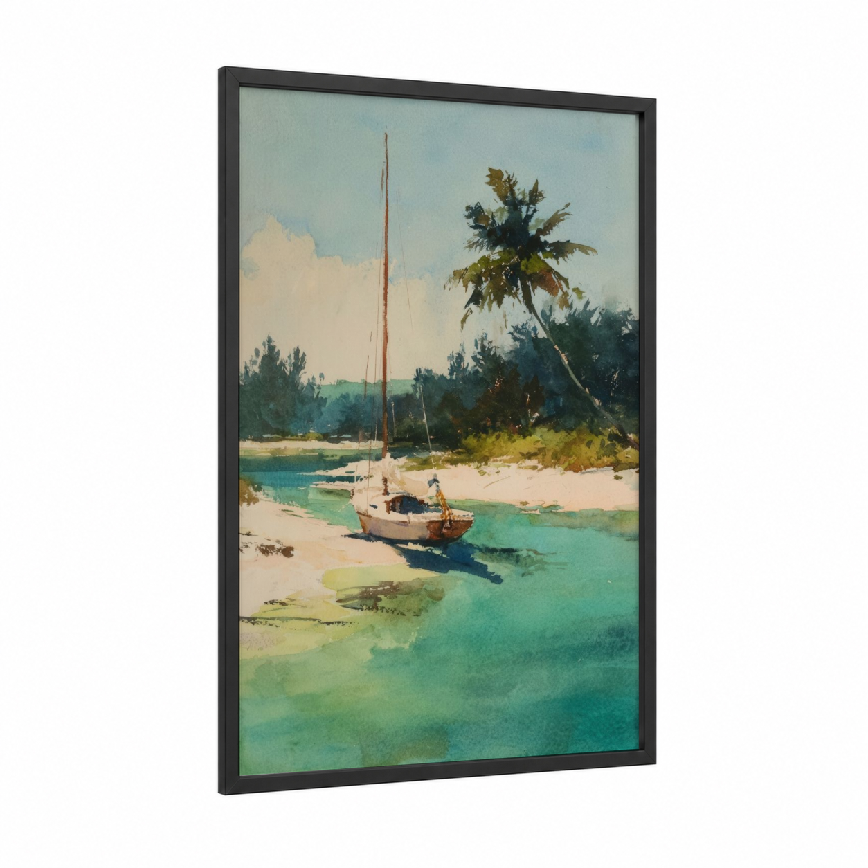 Tropical Sailing Boat framed sailing ship print — black wood frame — turquoise and cream palette