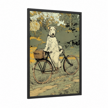 Cycling Terrier framed art print — black wood frame — sage green and gold palette