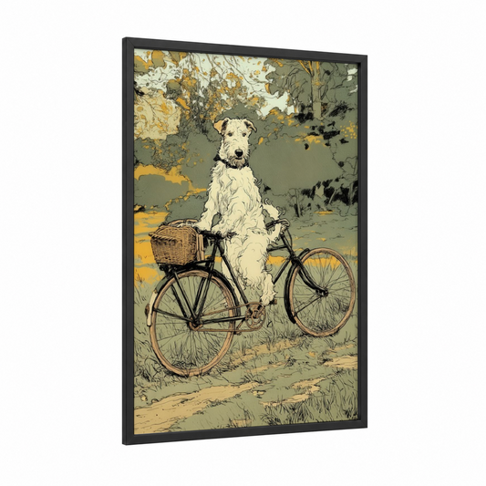 Cycling Terrier framed art print — black wood frame — sage green and gold palette