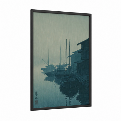 Rainy Dock Vessels framed old ships print — black wood frame — gray and dark blue palette