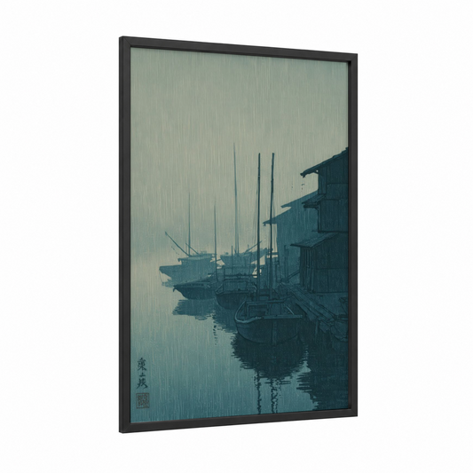 Rainy Dock Vessels framed old ships print — black wood frame — gray and dark blue palette