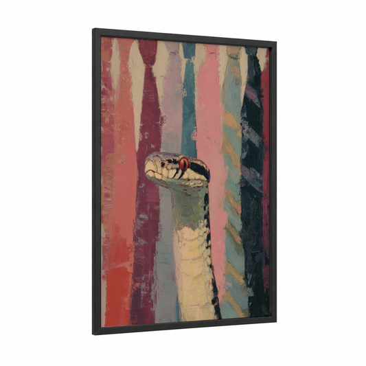 Crimson Python framed art print — black wood frame — magenta and teal palette