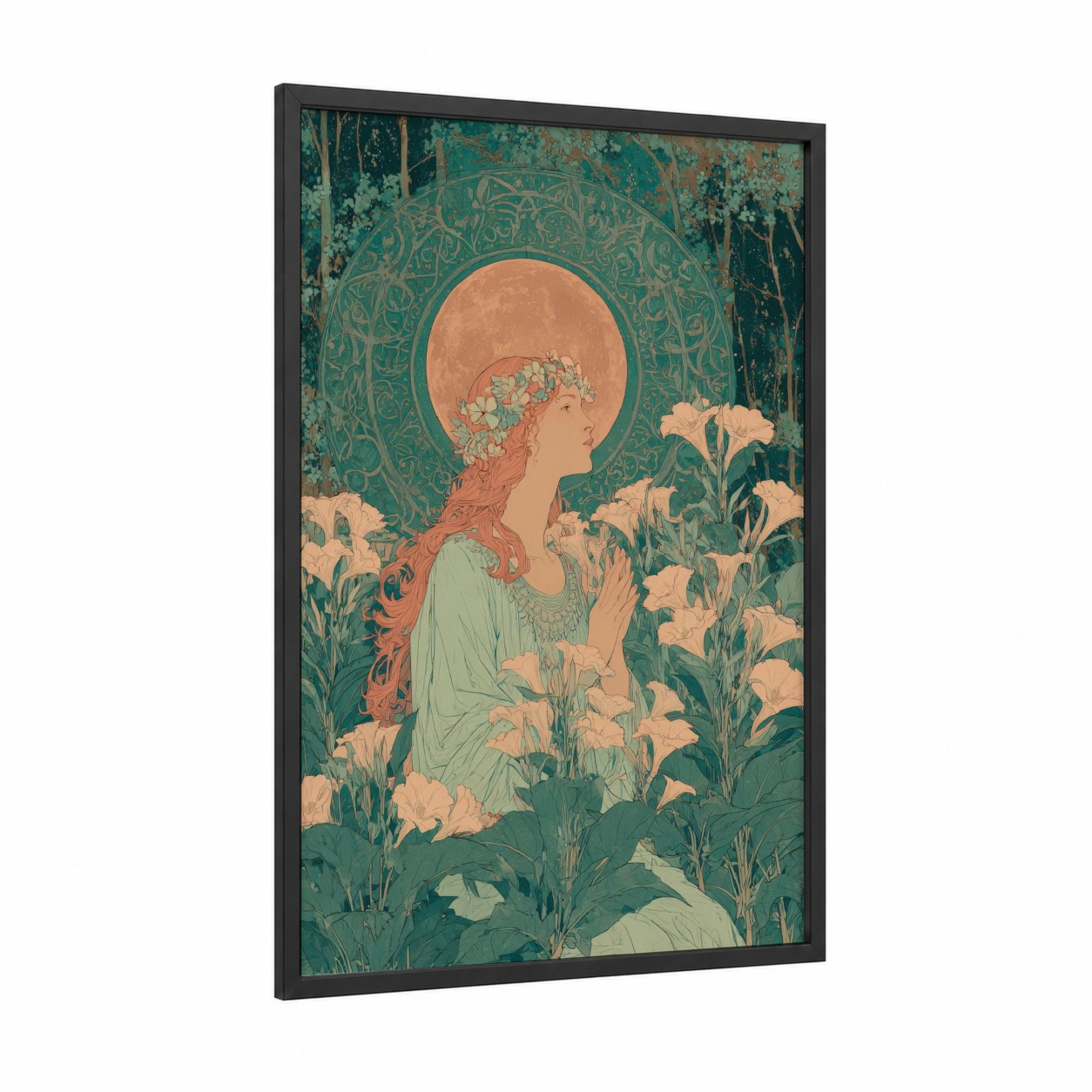 Moon Maiden Wiccan framed art print — black wood frame — teal and gold palette