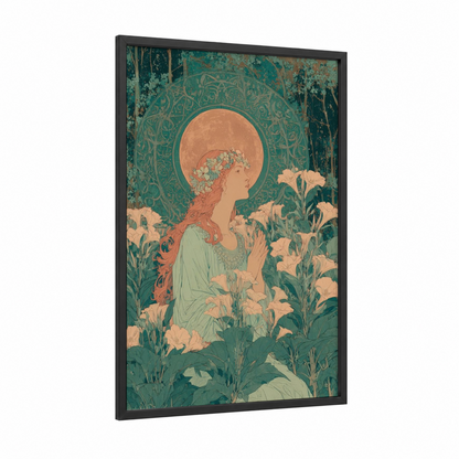 Moon Maiden Wiccan framed art print — black wood frame — teal and gold palette