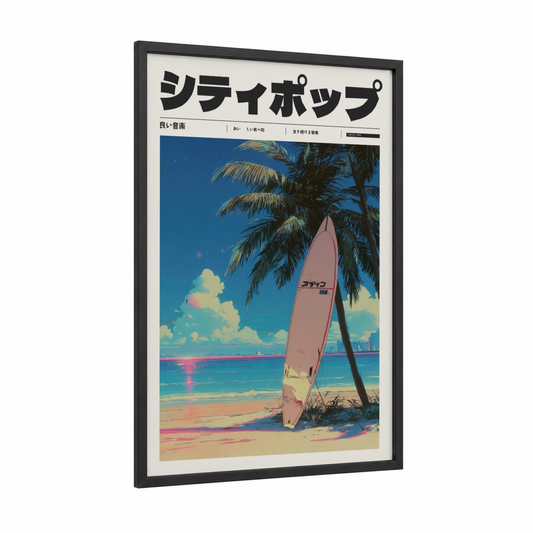 Surfer's Paradise framed anime and manga print — black wood frame — blue and peach palette