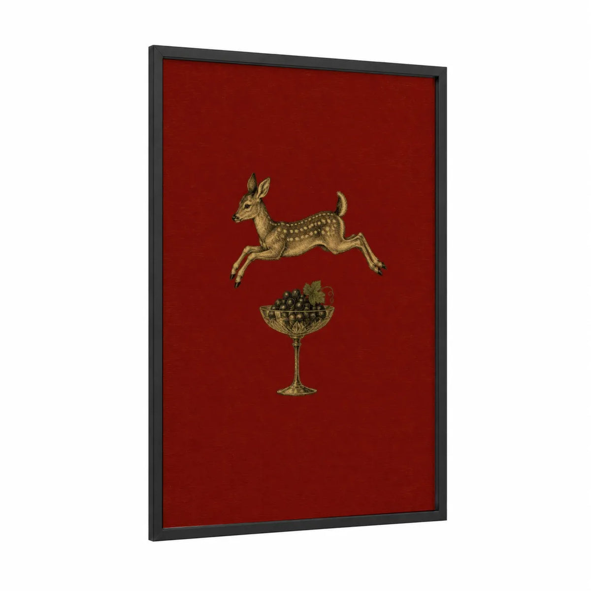Leaping Deer and Fruit Bowl Wall Art framed art print — black wood frame — red and gold palette