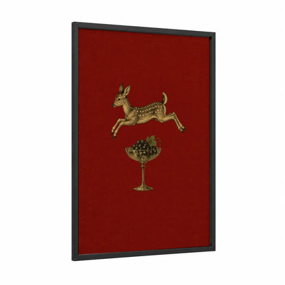 Leaping Deer and Fruit Bowl Wall Art framed art print — black wood frame — red and gold palette