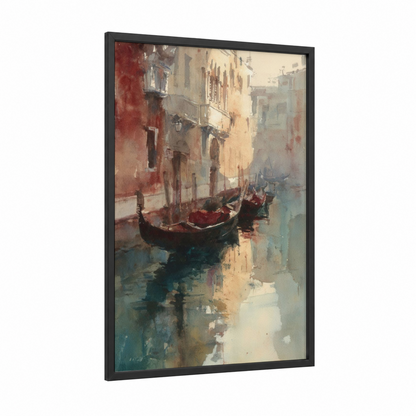 Venetian Canal Morning framed port print — black wood frame — cream and maroon palette