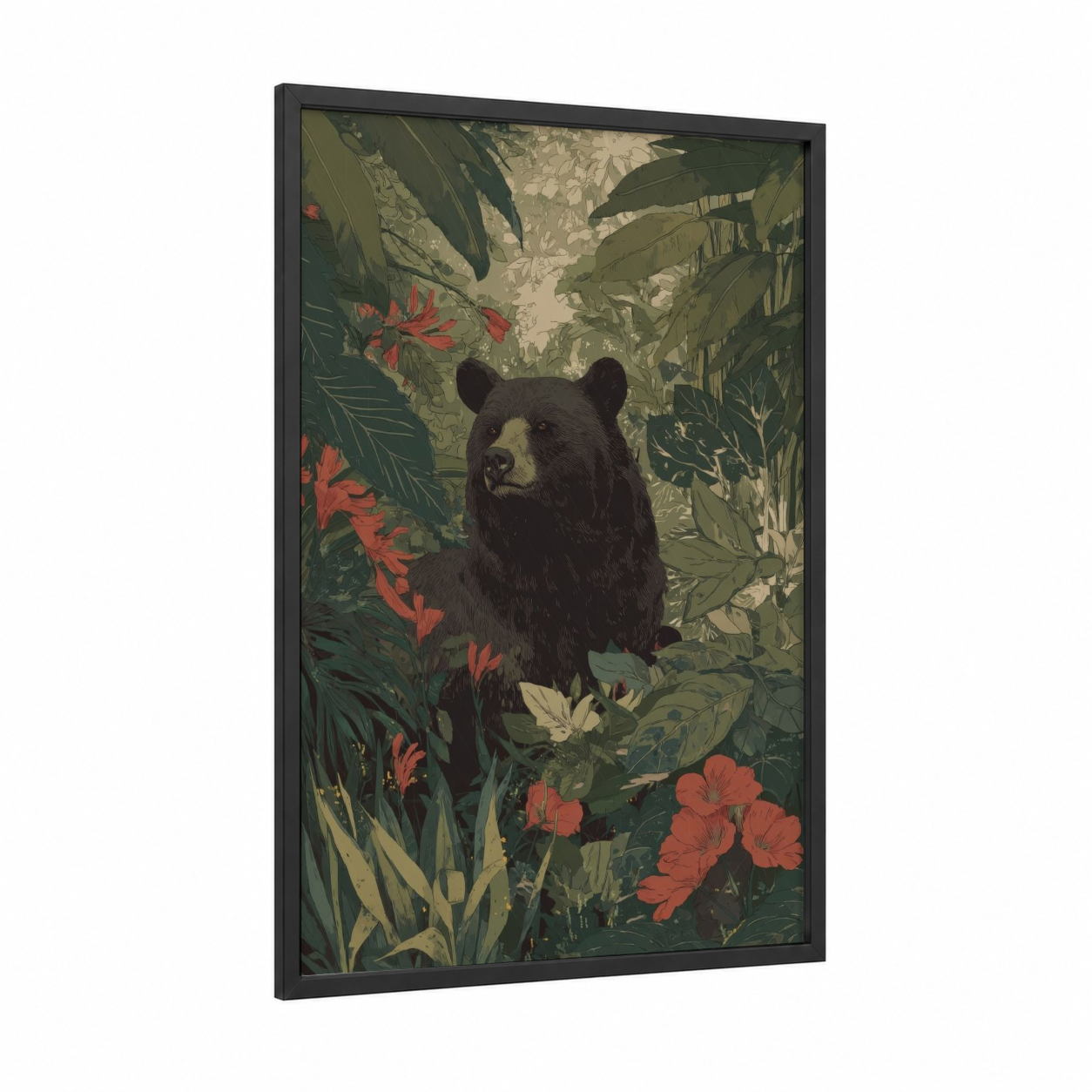 Jungle Grizzly framed grizzly bear print — black wood frame — dark green and red palette