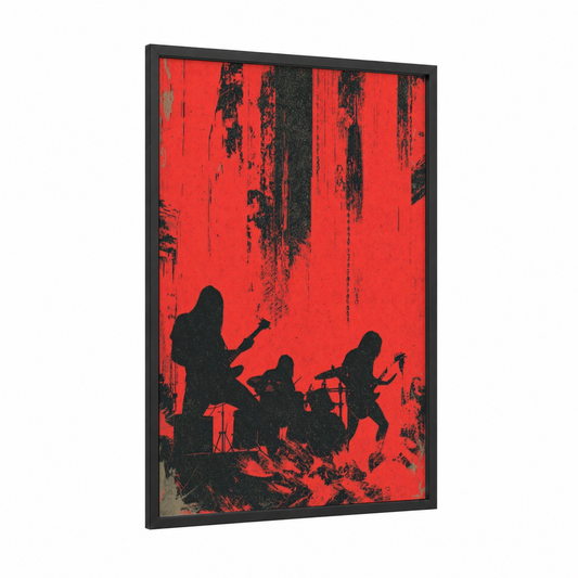 Crimson Stage Fury framed death metal print — black wood frame — red and black palette