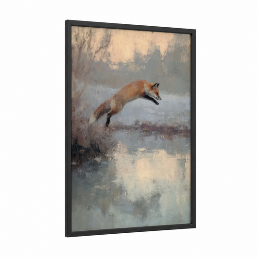 Leaping Fox framed art print — black wood frame — gray and cream palette
