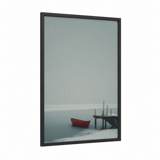 Frozen Harbor Solitude framed winter print — black wood frame — gray and blue and white palette