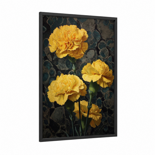 Golden Carnations framed art print — black wood frame — gold and dark blue palette