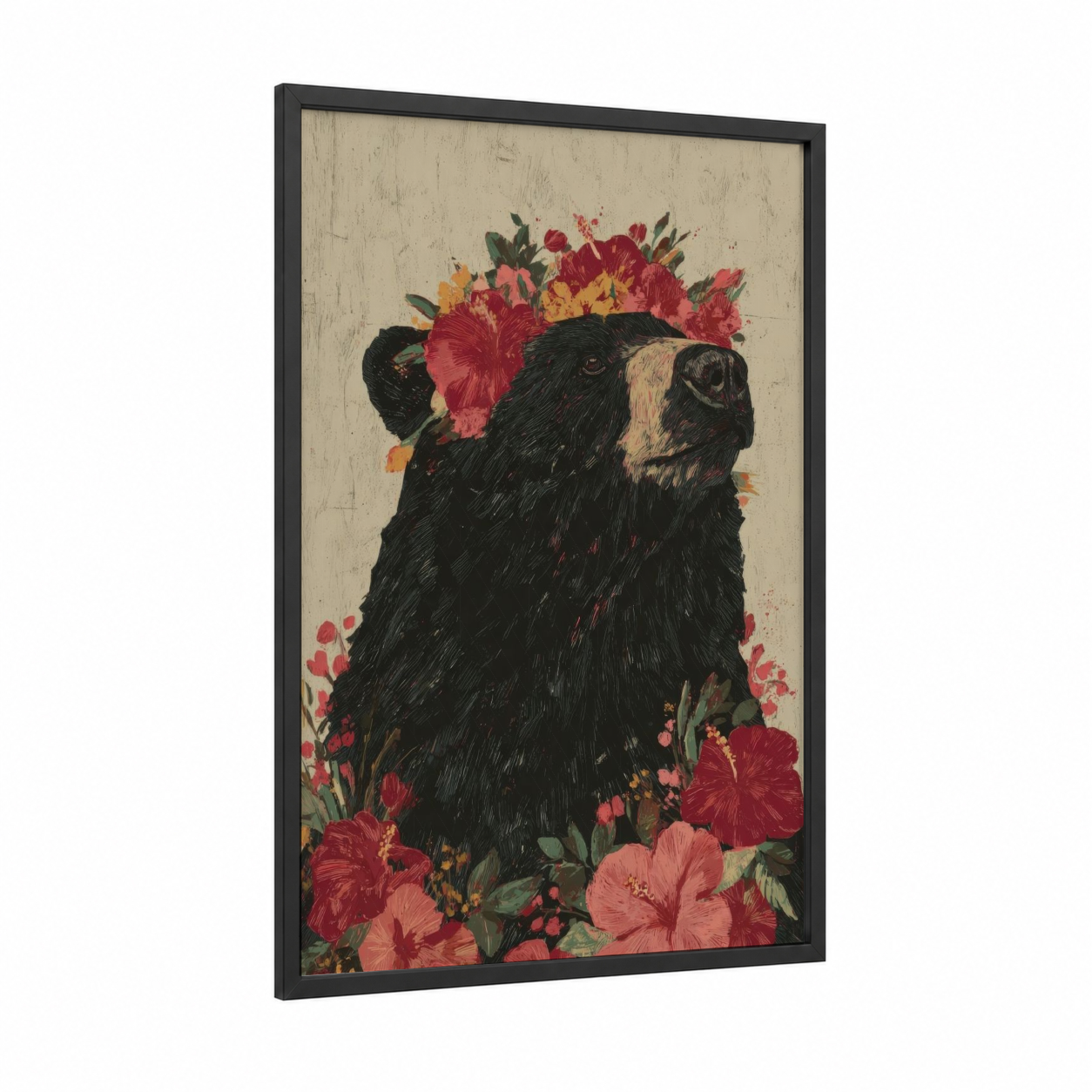 Floral Sloth Bear framed art print — black wood frame — red and black palette