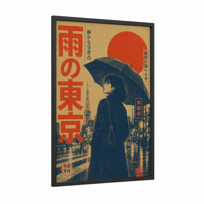 Tokyo Rainy Street Vintage Japanese Wall Art framed architecture print — black wood frame — red and blue palette