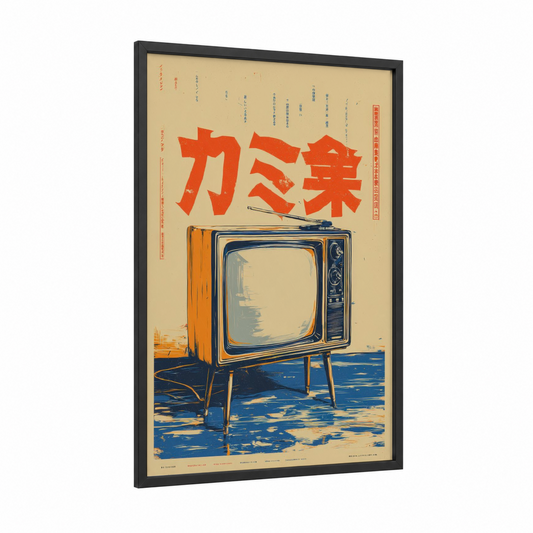 Retro Television framed vintage japanese ads print — black wood frame — red and blue and gold palette